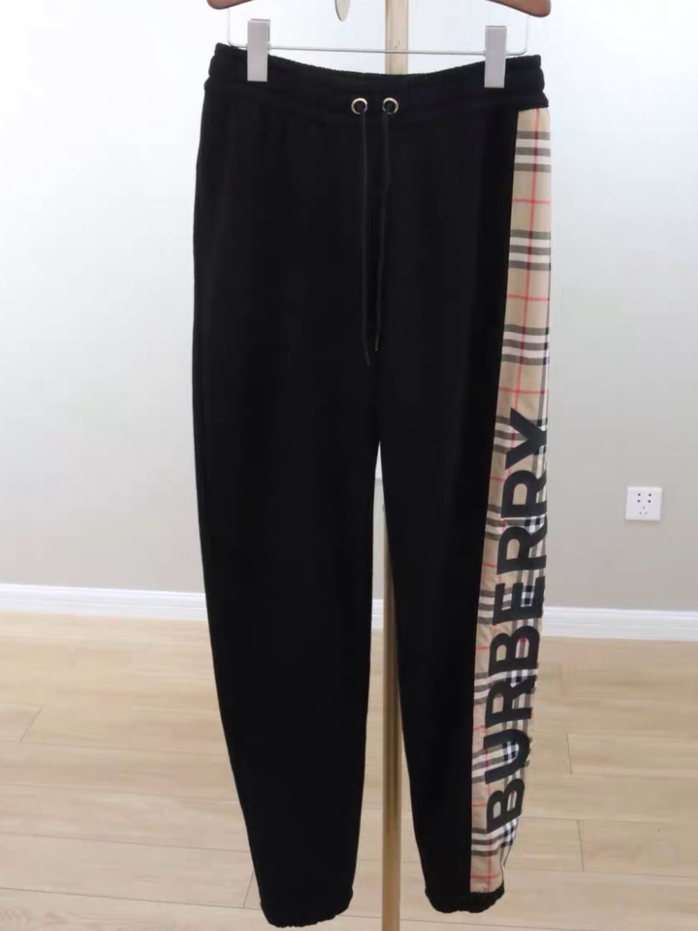 Burberry Black Joggers with Beige Check Side Stripe and Logo